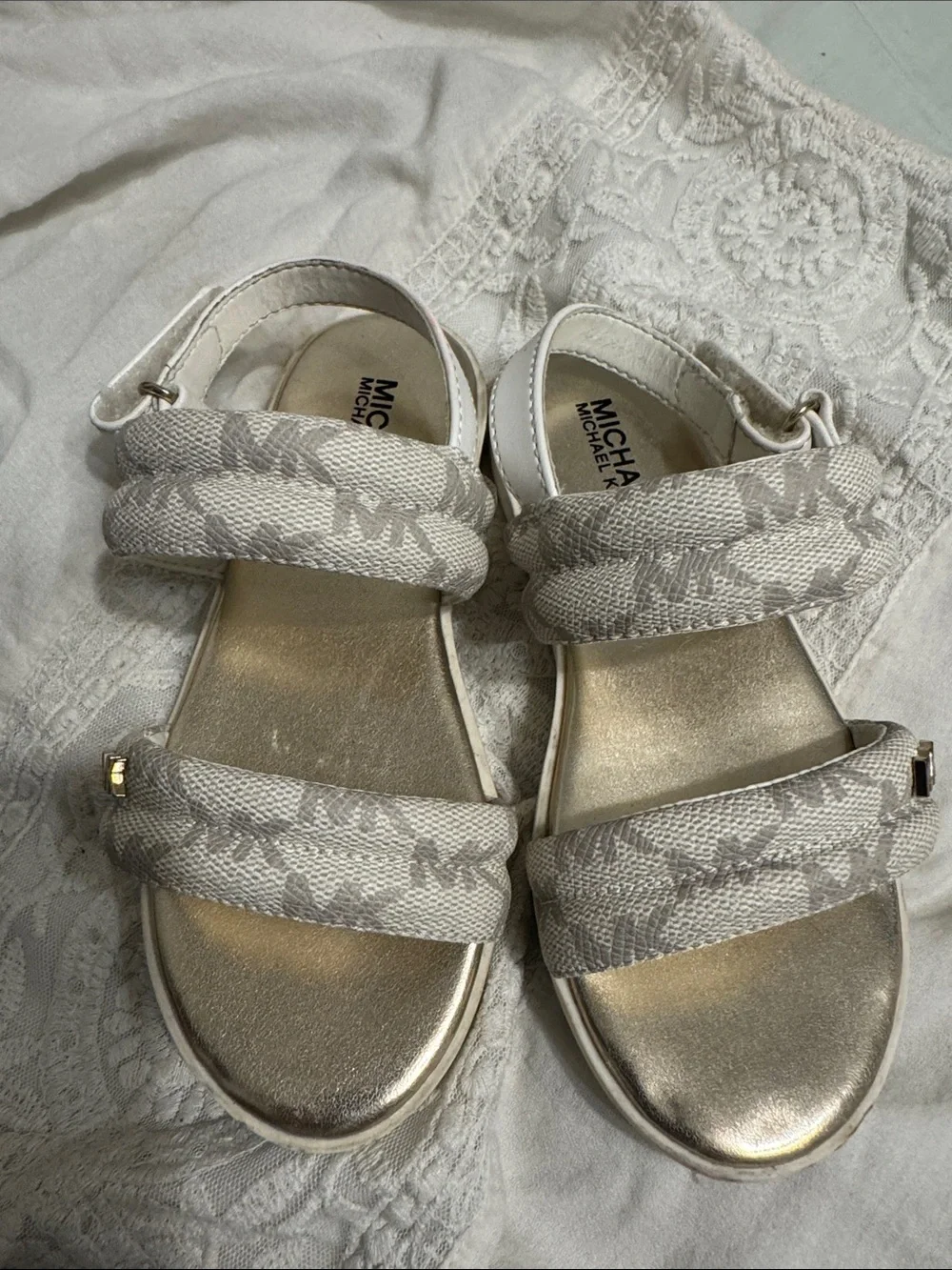 Michael Kors Beige Logo Double-Strap Sandals with Gold Footbed